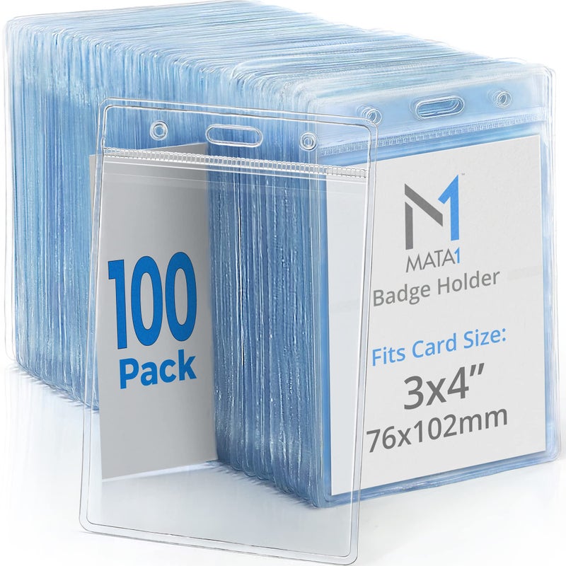 Mata1-USA Plastic Extra-Thick Vertical ID Card Holder (Clear, 3x4 Inch, 100 Pack), Large Size No Zipper Name Badge - Image 1